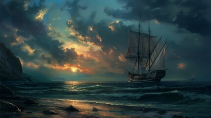 A sailing ship glides slowly through the water, illuminated by the sunset - obrazy, fototapety, plakaty