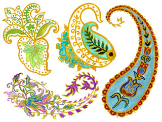 Paisley Ethnic tribal elements flowers with leaves, plants and branch.