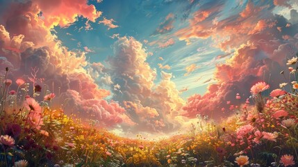 Surreal Dreamscape with Whimsical Creatures Frolicking Amidst Blooming Flowers and Pastel Colored Clouds