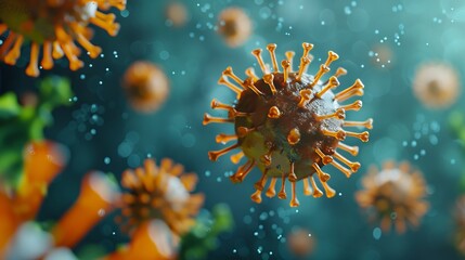 A corona virus is shown in the background. - obrazy, fototapety, plakaty