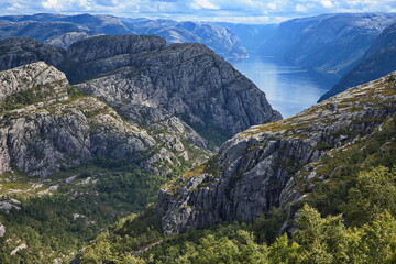 View of Lysefjord from the hiking track to Preikestolen in Norway, Europe
