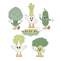 Set of cute veggies cartoon mascot characters artichoke leeks zucchini peas lettuce broccoli vector illustration isolated on white. Retro groovy natural organic healthy food farm vegetables print