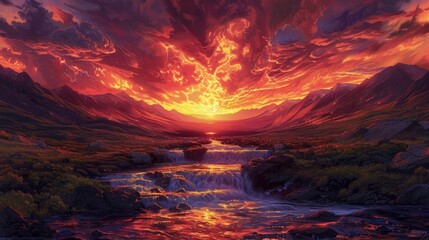 Crimson Sunset Painting the Sky with Fiery Hues over a Rugged Landscape