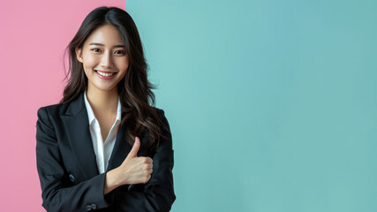 Asian businesswoman thumb up smile for success achievement performance - Powered by Adobe