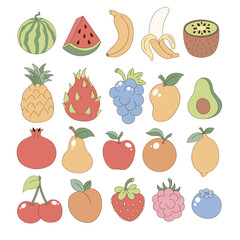 Set of groovy tropical and garden fruit and berries vector illustration isolated on white. Watermelon, banana, kiwi, pineapple, dragon fruit, grape, mango, avocado, pomegranate, pear, apple, orange