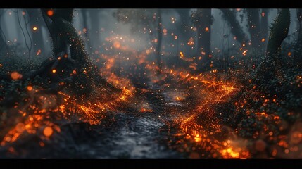 Ember Enigma Flickering Flames Casting an Enchanting Glow Upon a Mysterious Pathway Through the Darkness