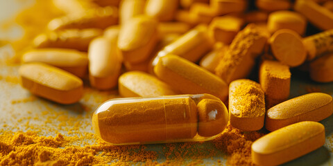 Thai herbal medicine from Tumeric roots. Tumeric powder and herbal medicine products in capsule.