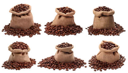 Set of roasted coffee beans in burlap sacks, cut out