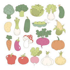 Set of groovy farm and kitchen garden vegetables vector illustration isolated on white. Artichoke, broccoli, cabbage, lettuce, cucumber, potato, leeks, cabbage, peas, corn, carrot, eggplant, mushroom