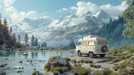 Camper van with nature landscape background. Scenic forest panorama. Lake and mountain peaks scenery. 
