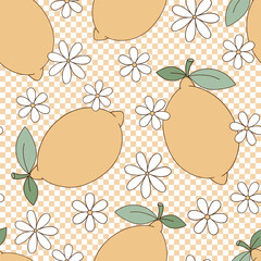 Retro groovy citrus fruit lemon with daisy flowers on checkerboard vector seamless pattern. Hand drawn natural organic healthy food vegetables fruit floral background. - 781347054