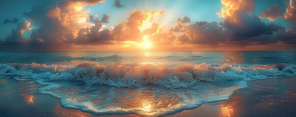 Beautiful view of sunset on beautiful beach. Nature beauty concept. - obrazy, fototapety, plakaty