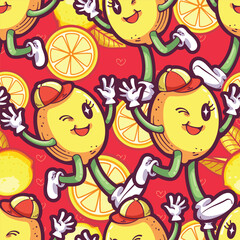 Obraz premium Seamless pattern of smiling face lemon with red background, It's a that looks groovy and funky. Pattern for fabric and wrapping paper, design wallpaper and fashion prints.