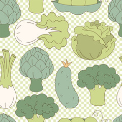Retro groovy farm green veggies artichoke broccoli cabbage lettuce cucumber leeks peas on checkerboard vector seamless pattern. Hand drawn natural organic healthy food vegetables fruit floral - 781347262
