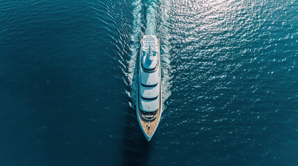 Aerial view of beautiful large white ship at sunny day. Top view from drone of yacht. Luxury cruise. Floating liner.