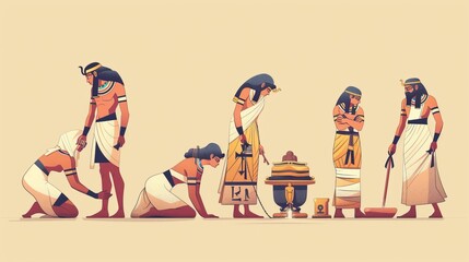 The mummification process is shown in this cartoon modern illustration, complete with embalming, wrapping, and placing the dead body inside an Egyptian sarcophagus. The cult of the dead is reflected - obrazy, fototapety, plakaty