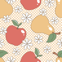 Retro groovy garden fruit apple and pear with daisy flowers on checkerboard vector seamless pattern. Hand drawn natural organic healthy food vegetables fruit floral background.