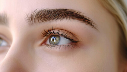 Obraz premium Eyebrow shaping. Eye care. Good eyesight health concept. Eyebrows correction, brow design. Caucasian woman face closeup in beauty treatments salon. Beauty makeover facecare rituals. Eyelash extensions