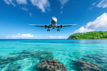 Fototapeta premium Airplane fly above beautiful nature landscape island, Tourism destination, Background for banner summer holiday vacation travel trip