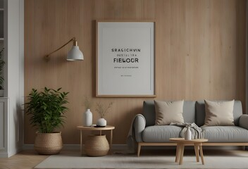 A minimalist living room with a grey couch, wooden walls, and a framed poster on the wall.