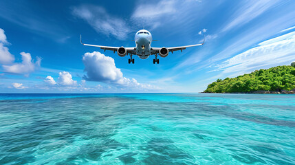 Airplane fly above beautiful nature landscape island, Tourism destination, Background for banner summer holiday vacation travel trip