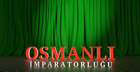 Ottoman 3D text and green Curtain Visual.