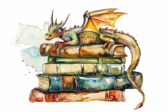 Dragon perched atop vintage books in watercolor illustration mystical creature on ancient literature stack