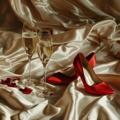 Sophisticated and elegant atmosphere, the sexy red shoes suggest passion. The two glasses of champagne hint at celebration, romance, lovers, love, the setting for a romantic date or a special night. 