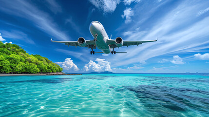 Airplane fly above beautiful nature landscape island, Tourism destination, Background for banner...