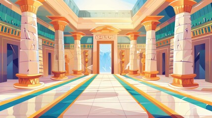 Cartoon illustration of an empty pharaoh's tomb or temple room in ancient Egypt. Hieroglyphics on stone walls and white columns with ornaments, background for games. - obrazy, fototapety, plakaty
