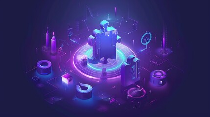 A concept modern representing collaborative development, isometric business cooperation, and partnership with a glowing blue neon ring. A concept modern illustrating teamwork, cooperation,