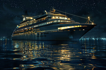 A panoramic aerial view of a cruise ship at night, featuring smart services. Night view to large illuminated white boat located over horizon, colorful lights coming from yacht reflect on the sea - Powered by Adobe