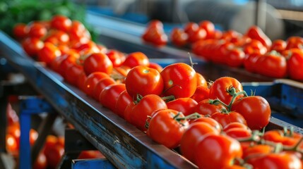 Tomatoes are transported by industrial production conveyors to be processed as a tomato product...