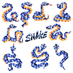 A set of snakes in 2025, blue in color and geometrically crawling in texture. Isolated sinuous snakes in different poses. Modern vector illustration in a flat style. Animal of the year 2025 snakes