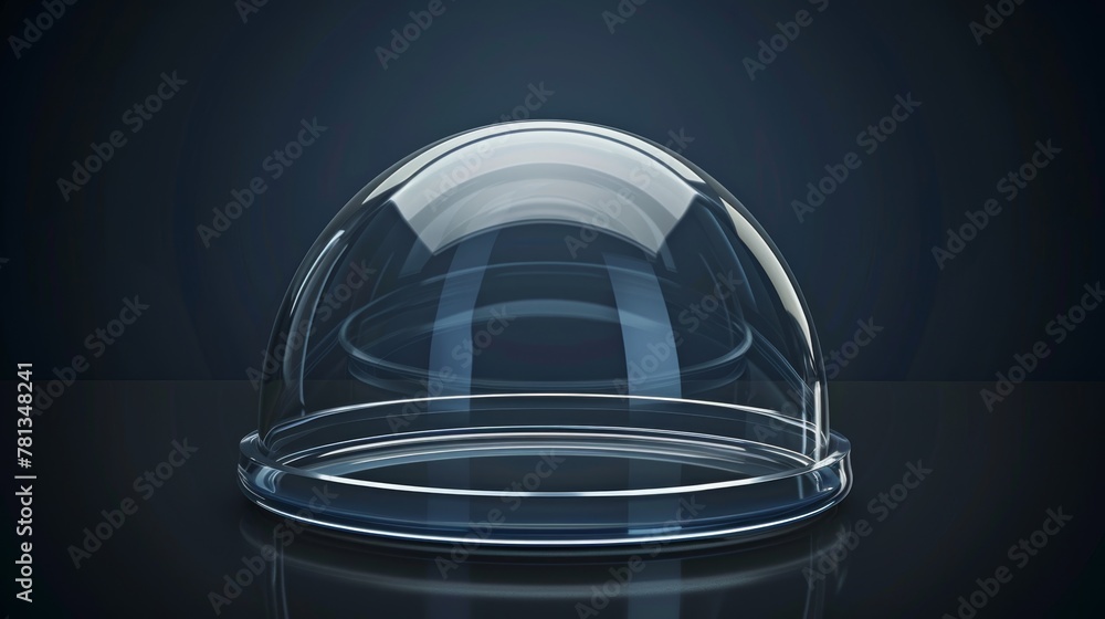 Poster an image of a transparent glass food storage container or product presentation case with reflection.