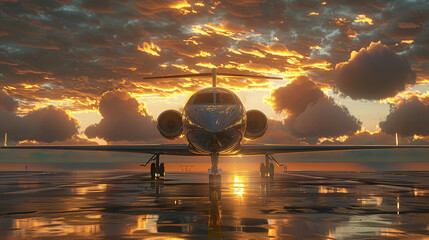Business class travel concept, luxury private jet at sunset or sunrise.