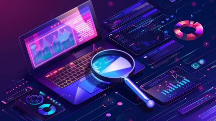 Illustration of an isometric data analysis, search engine optimization, or SEO concept. Large magnifier and laptop with charts and graphs on the screen, business technology fluorescent banner. - obrazy, fototapety, plakaty