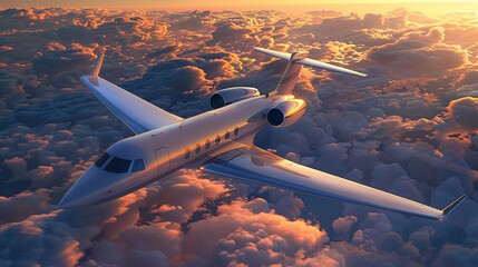 Luxury private jetliner flying above clouds. Modern and fastest mode of transportation, symbol of luxury and business traveling.