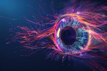 Mystical eye with glowing lines and wires on a dark background, abstract futuristic digital concept