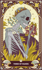 A tarot card in bohemian tones in a modern style in the form of a skeleton. Modern illustration of Three of Wands card, minimalistic cartoon skeleton, simple vector drawing
