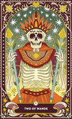 A tarot card in bohemian tones in a modern style in the form of a skeleton. Modern illustration of Two of Wands card, minimalistic cartoon skeleton, simple vector drawing