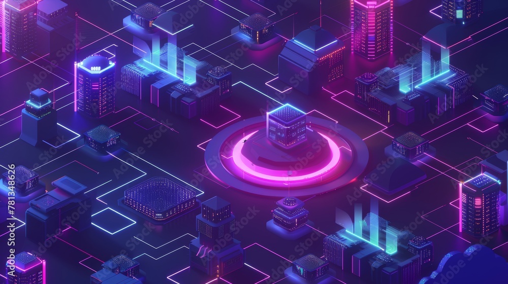 Poster information architecture isometric technology concept modern showing data flow through luminous circ