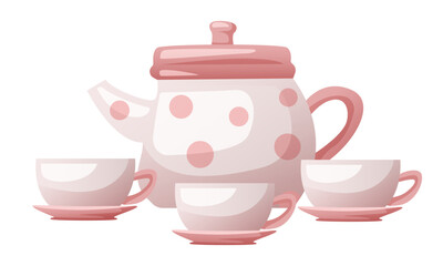Tea-set. Teapot and three cups. Vector doodle clipart isolated on white background.