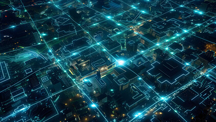 Smart City Blueprint: Digital Map Showcasing Futuristic Urban Connectivity Network Lines"