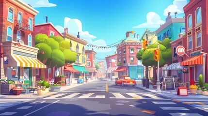 City street landscape with crossroads and traffic lights, buildings with shops, cafes, and restaurants cartoon modern background, city poster with empty streets - obrazy, fototapety, plakaty