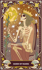 A tarot card in bohemian tones in a modern style in the form of a skeleton. Modern illustration of Queen of Wands card, minimalistic cartoon skeleton, simple vector drawing