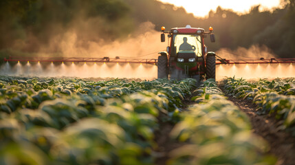 Tractor spraying crops in the field at sunset. Agriculture and farming concept. Design for banner and agricultural publications. Environmental care and food industry theme - obrazy, fototapety, plakaty