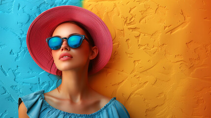 Elegant woman in a pink hat and blue sunglasses posing against a vibrant blue and orange textured...