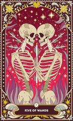 A tarot card in bohemian tones in a modern style in the form of a skeleton. Modern illustration of Five of Wands card, minimalistic cartoon skeleton, simple vector drawing