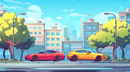 Modern cartoon illustration of modern cars parked on city streets with road markings. Cityscape background with vehicles and buildings in an urban environment.